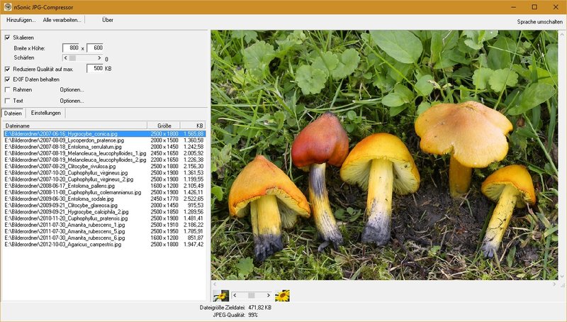 nSonic JPEG-Compressor: Die Optionen fürs Skalieren, Begrenzen der Dateigröße und Beibehalten der Kameraparameter sind gesetzt. Die zu verkleinernden Dateien wurden hinzugefügt. Zuletzt auf „Alle konvertieren...“ klicken.