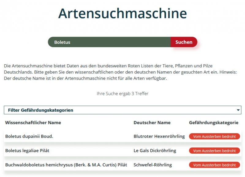 Suchergebnisse „Boletus“ nach der Kategorie „Vom Aussterben bedroht“ gefiltert